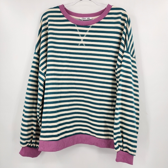 Amazon Classic Striped Oversized Crewneck Sweatshirt Womens Size 2XL NWT Green - Picture 7 of 7
